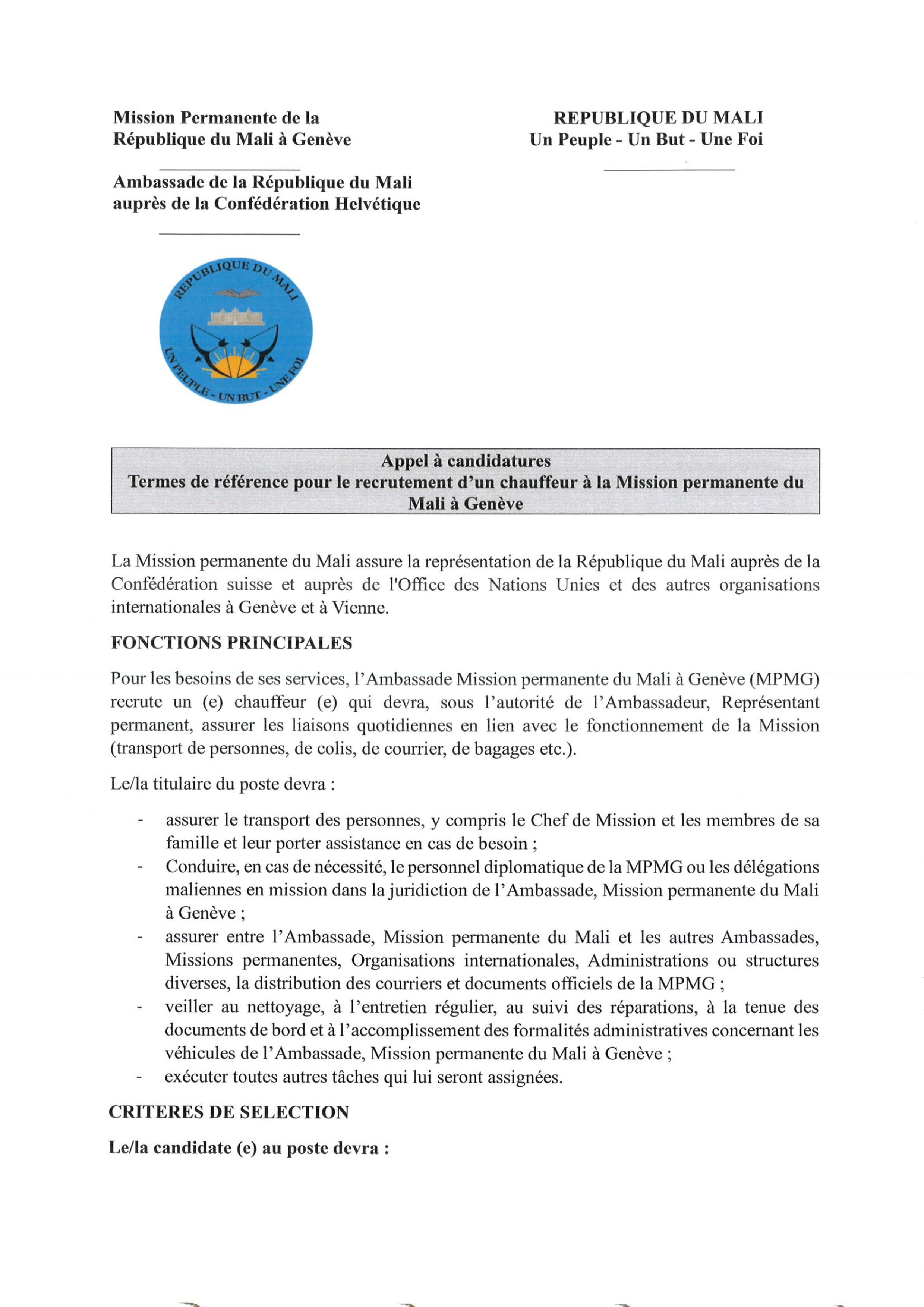 Appel à candidatures  Termes de référence pour le recrutement d&#039;un chauffeur à la Mission permanente du Mali à Genève